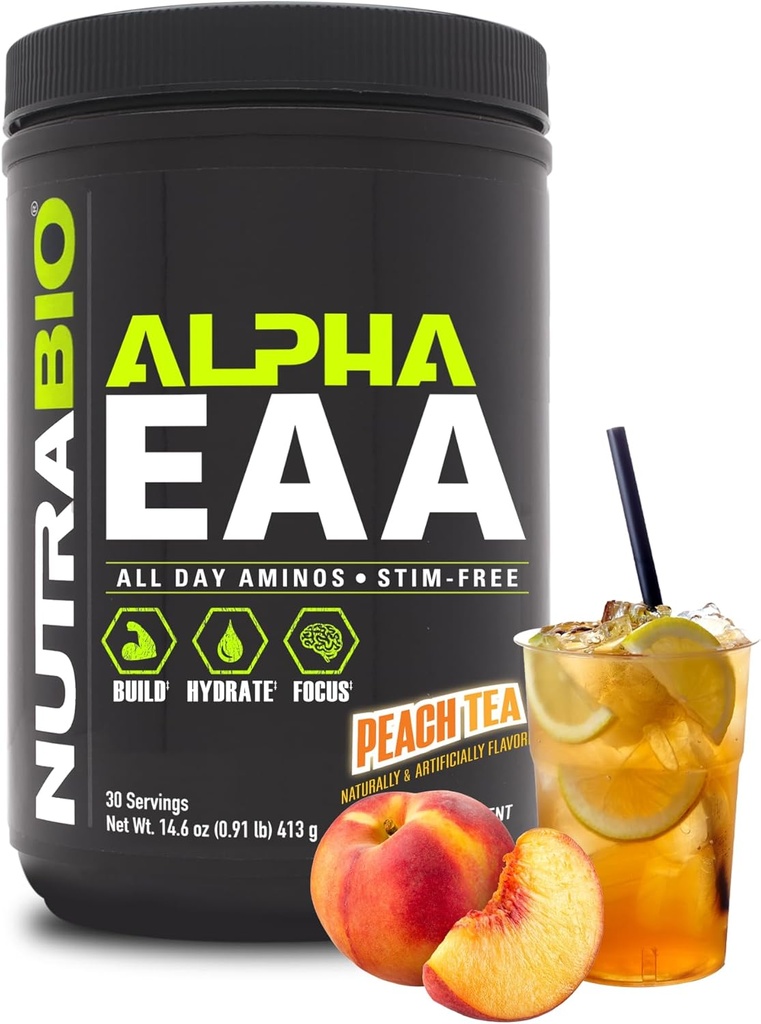 NutraBio Alpha EAA - All-Day Aminozuren voor spiergroei en hydratatie - Essentiële Aminozuren met Nootropics & Adaptogenen - Full Spectrum EAA BCAA Powder - 30 Servers - Peach Tea