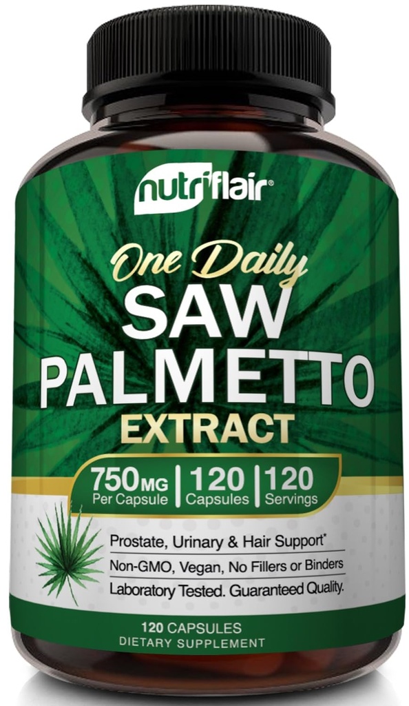 NutriFlair Saw Palmetto Extract 750mg, 120 Capsules - Natuurlijke Prostaat Supplement & Berry Health Support - helpt blokkeren DHT om haarverlies te voorkomen en helpt verminderen frequente urine, voor vrouwen en mannen