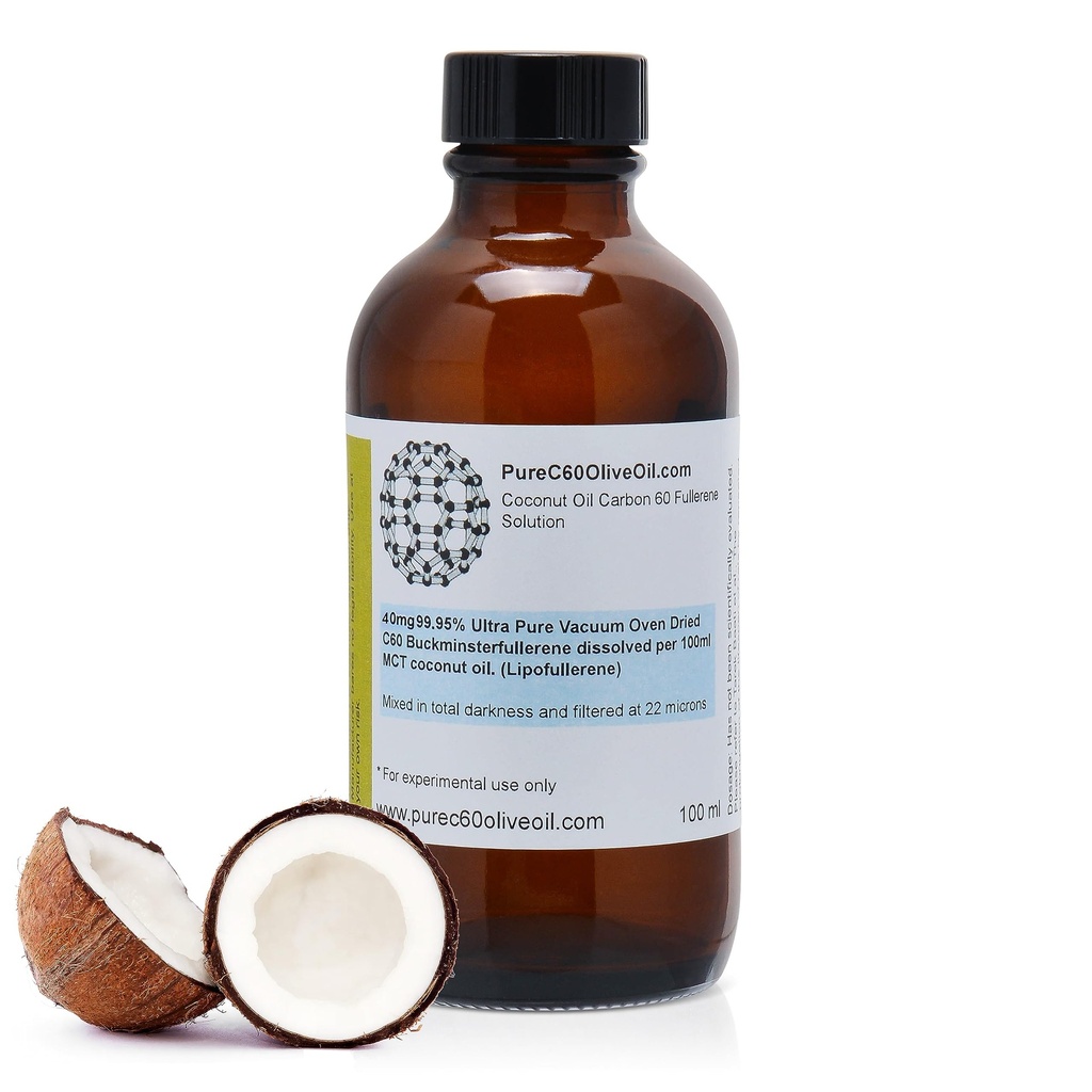 PureC60OliveOil C60 Biologische MCT Kokosolie 100ml / 3,4 Fl Oz - 99,95% Koolstof 60 Oplosmiddelvrij 40mg - Amberglas Fles - Voedselkwaliteit - Koolstof 60 Kokosolie - Van de toonaangevende wereldwijde producent