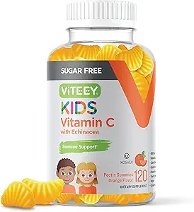 Viteey Kids Vitamin C Gummies 75mg, with Echinacea - Sugar Free - Immune Support for Kids, Toddlers, & Teens - Vegan, Gelatin Free, Gluten Free, GMO Free - Tasty Orange Flavored Immunity Gummy