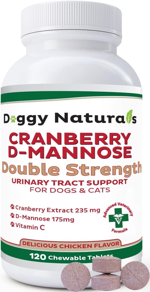 Cranberry D-Mannose voor honden en katten Urinetrekinfectie Ondersteuning Voorkomt en Elimineert UTI, Blaasinfectie Nierondersteuning, Antioxidant (Dubbel sterkte Tablet, 120 Tel)