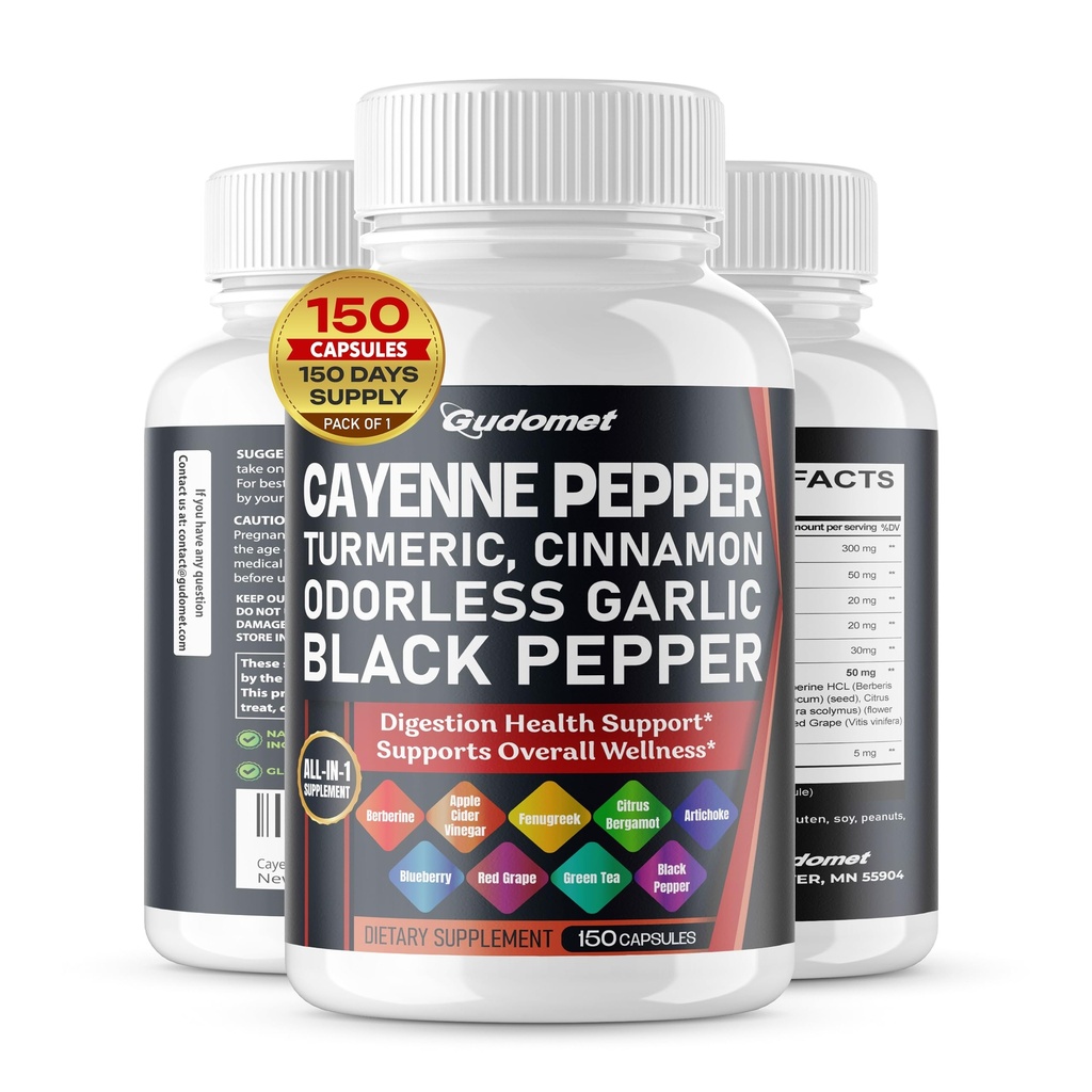 Cayenne Pepper Kurkuma Odorless Knoflook kaneel Fenegriek Citrus Bergamot Artichoke Blueberry Green Tea Black Pepper -150 Capsules- Made in USA