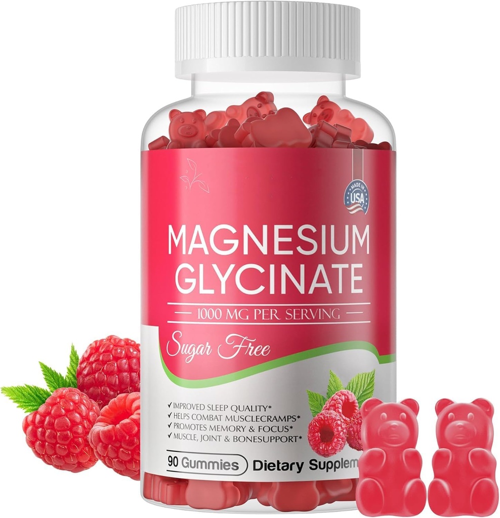 Magnesium Glycinate Gummies 700mg, Suikervrij Magnesium Glycinate, Magnesium Complex Kalium Supplement met Kalium, VitamineD, B6 voor Kalm Ondersteuning & Slaap voor Volwassenen - 60 Raspberry Gummies