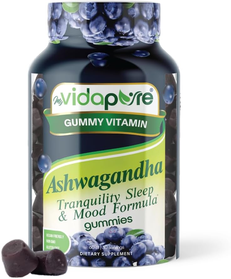 Ashwagandha Gummies, High Potency Ashwagandha Root Extract met Magnesium Glycinate, Melatonine, B6, Valeriaanwortel, GABA, Passiebloem voor mannen en vrouwen. 60 Tel 30 porties door myVidaPure