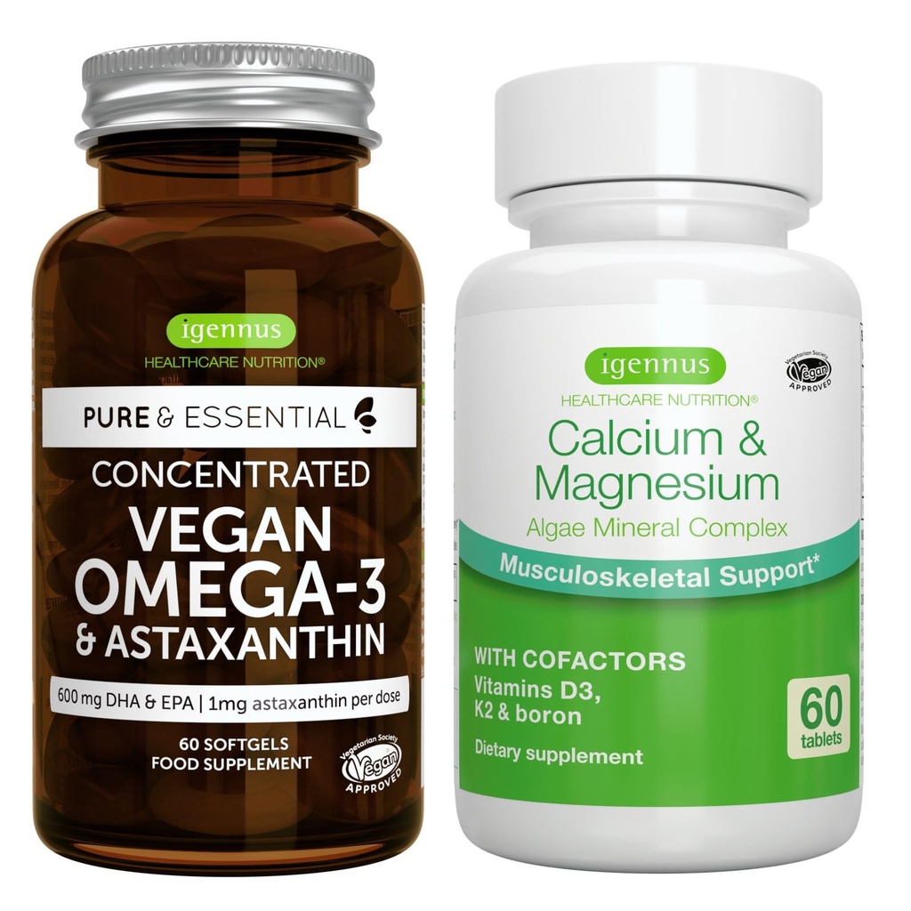 Vegan Omega-3 + Calcium & Magnesium Complex Vegan Bundle, Sustainable EPA & DHA Algenolie 1340mg + 2:1 Plant Based Algene Mineral Complex, door Igennus