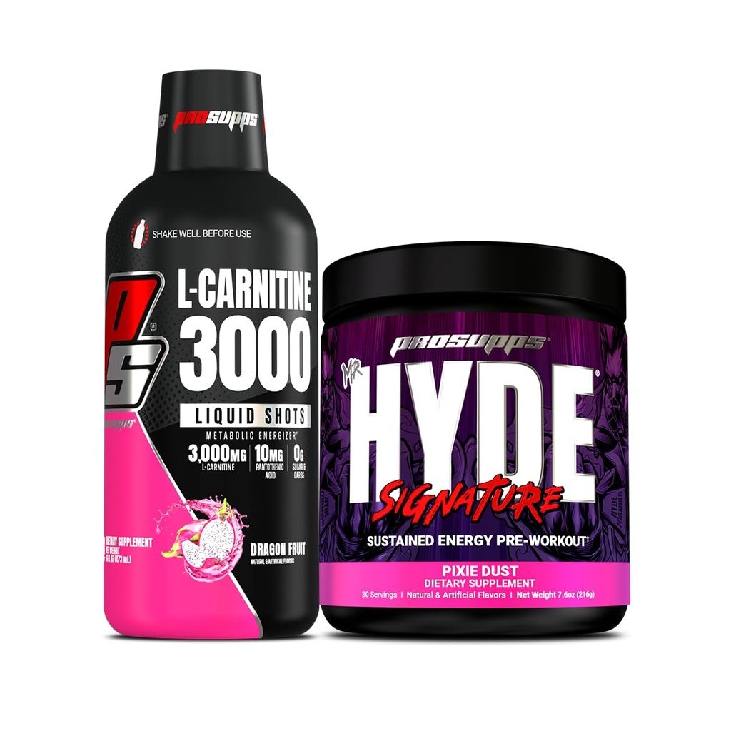 PROSUPPS L-Carnitine 3000 Stimulant Free Liquid Shots (31 Servings, Dragon Fruit) en Mr. Hyde Signature Series Pre-workout Energy Powdered Drink (30 Serves, Pixie Dust) Bundel