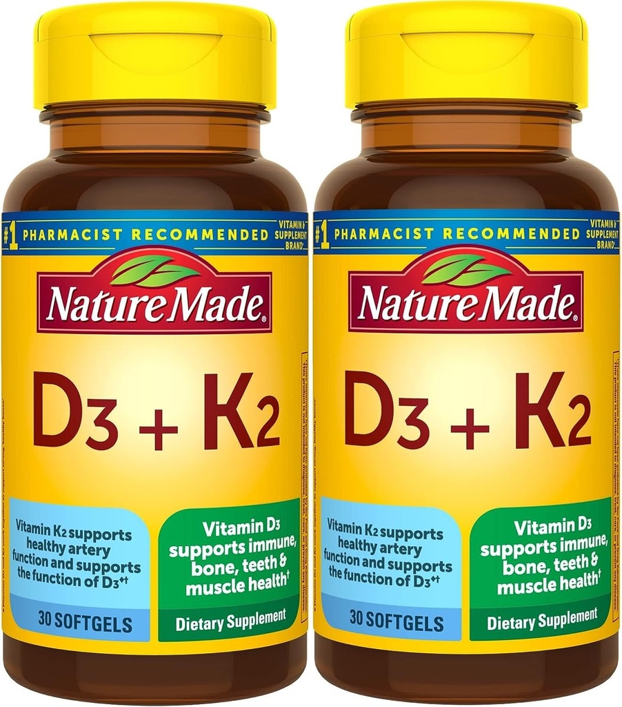 Nature Made Vitamin D3 K2, 5000 IE (125 mcg) Vitamine D, Dieetsupplement voor bot, tanden, spier- en immuungezondheidsondersteuning, 30 Softgels, 30 Day Supply - Pack of 2
