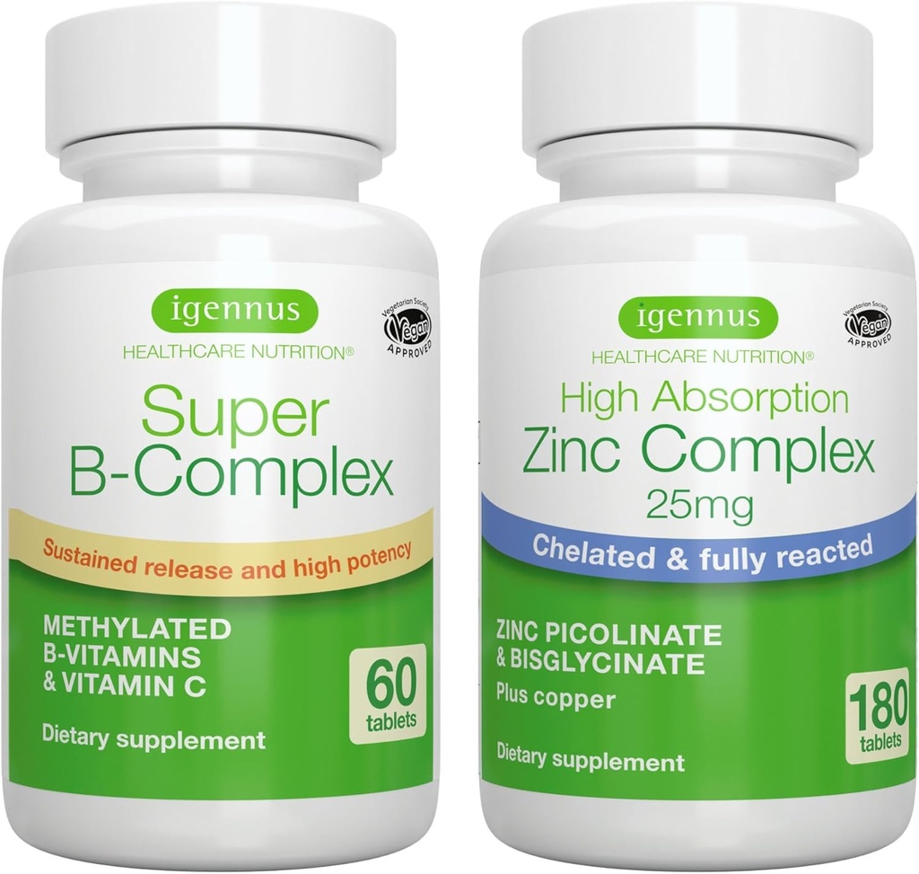 Super B-complex + zinkcomplex Vegan Bundle, methylated Sustained Release B Complex + 25mg gecheleerd zink Picolinaat & bisglycinaat met koper, door Igennus