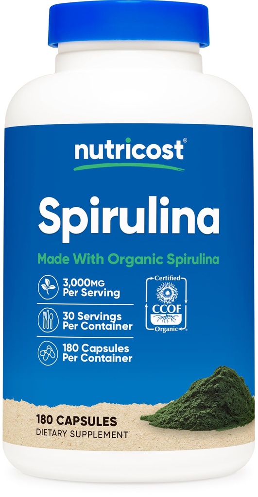 Nutricost Spirulina 3000mg, 180 Capsules voor 30 porties - CCOF Gecertificeerd Gemaakt met Organische Spirulina, Glutenvrij, Vegetarisch