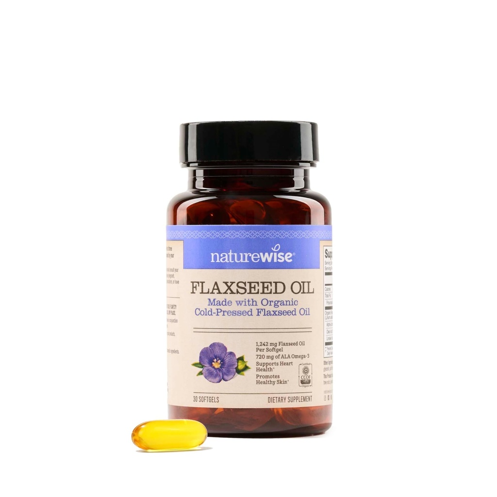 NatureWise Flaxseed Oil 1200 mg, Fish Free Omega 3 6 9 met 720mg ALA, Dieetsupplement voor Hartgezondheidsondersteuning - Organisch, Koud Geperst, Non-GMO - 30 Softgels[1-Maande Levering]