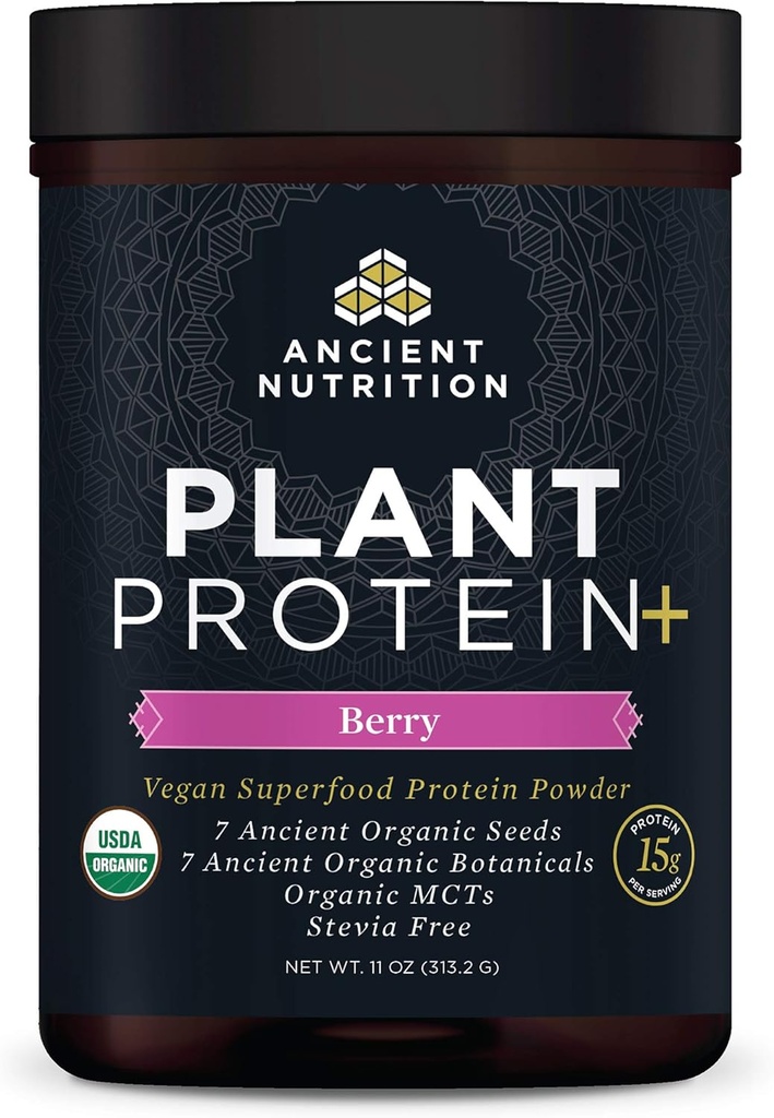 Ancient Nutrition Plant Based Protein Powder, Plant Protein+, Berry, Biologische Vegan Superfoods Supplement, 15g Proteïne Per Serving, Geweldig voor eiwitshakes, Glutenvrij, Paleo Vriendelijke 12 Servers