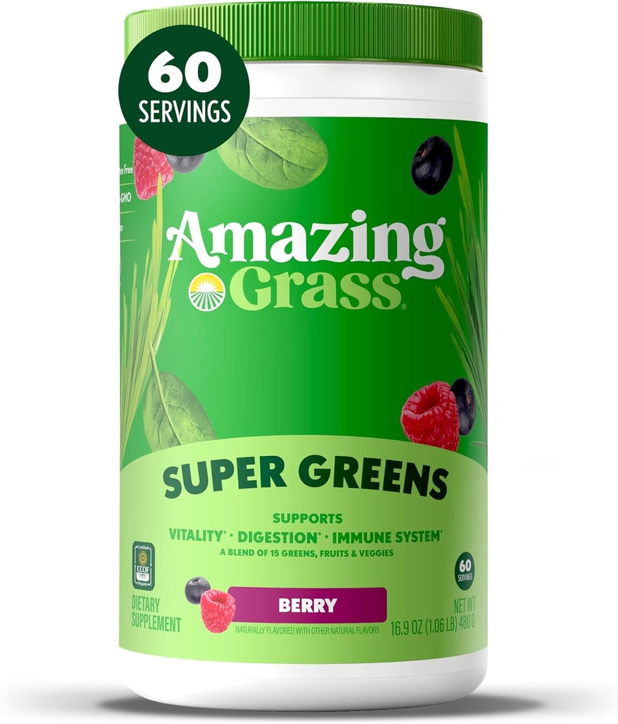 Amazing Grass Greens Blend Superfood: Super Greens Powder Smoothie Mix with Spirulina, Chlorella, Beet Root Powder, Digestive Enzymes & Probiotics, Berry, 60 Servings (Packaging May Vary)