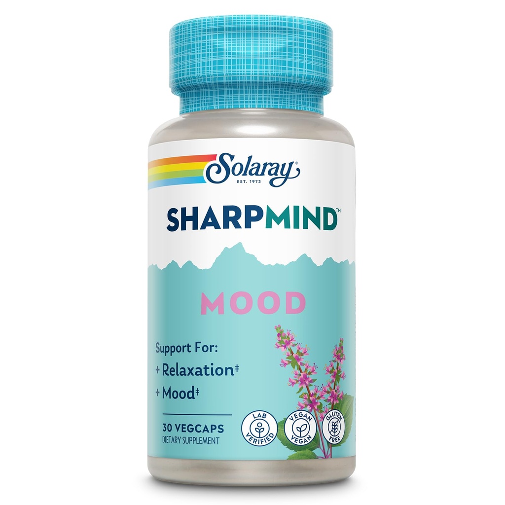 SOLARAY SharpMind Mood Ondersteuning Supplement, Nootropic voor ontspanning en stress verlichting, Zembrin, Holy Basil, Lithium 5mg, Biologische Reishi paddo, 60 dagen garantie, 30 porties, 30 VegCaps