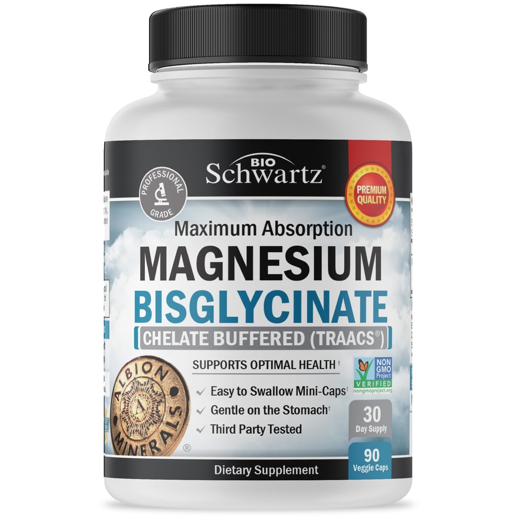 Magnesiumbisglycinaat 100% Chelaat Geen-Laxatief Effect - Maximale Absorptie & Biobeschikbaarheid, Volledig Gereageerd & Gebufferd - Gezonde Energie Spier Bot & Gezamenlijke Ondersteuning - Niet-GGO-project Geverifieerd - 90 ct