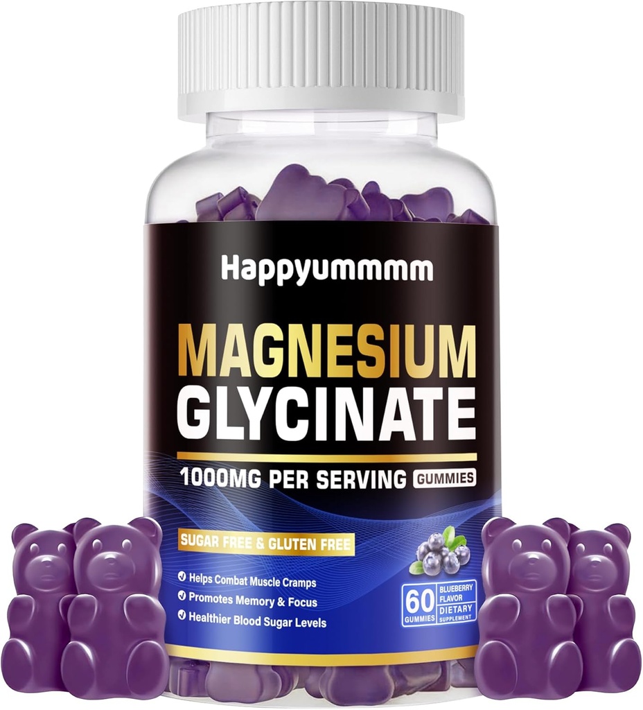 Magnesium Glycinate Gummies 1000mg - Suikervrij Magnesium Kalium Supplement met Vitamine D, B6, CoQ10 voor Kalm Mood & Slaap Ondersteuning - 60 Blueberry Gummies