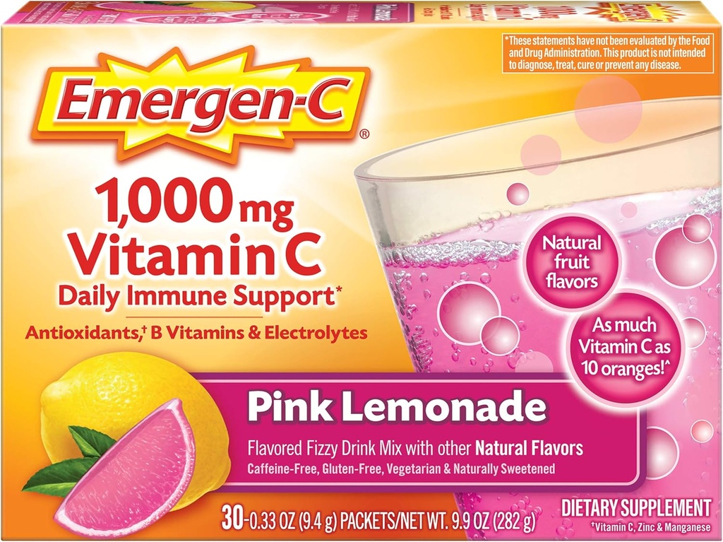 Emergen-C 1000mg Vitamin C Powder, with Antioxidants, B Vitamins and Electrolytes, Immunity Supplements for Immune Support, Caffeine Free Fizzy Drink Mix, Pink Lemonade Flavor - 30 Count (Pack of 12)