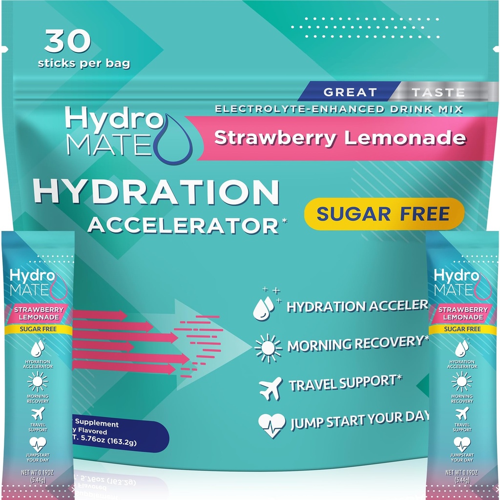 Elektrolytpoeder Suikervrije Hydration Packets Aardbei Limonade HydroMATE 30 Sticks