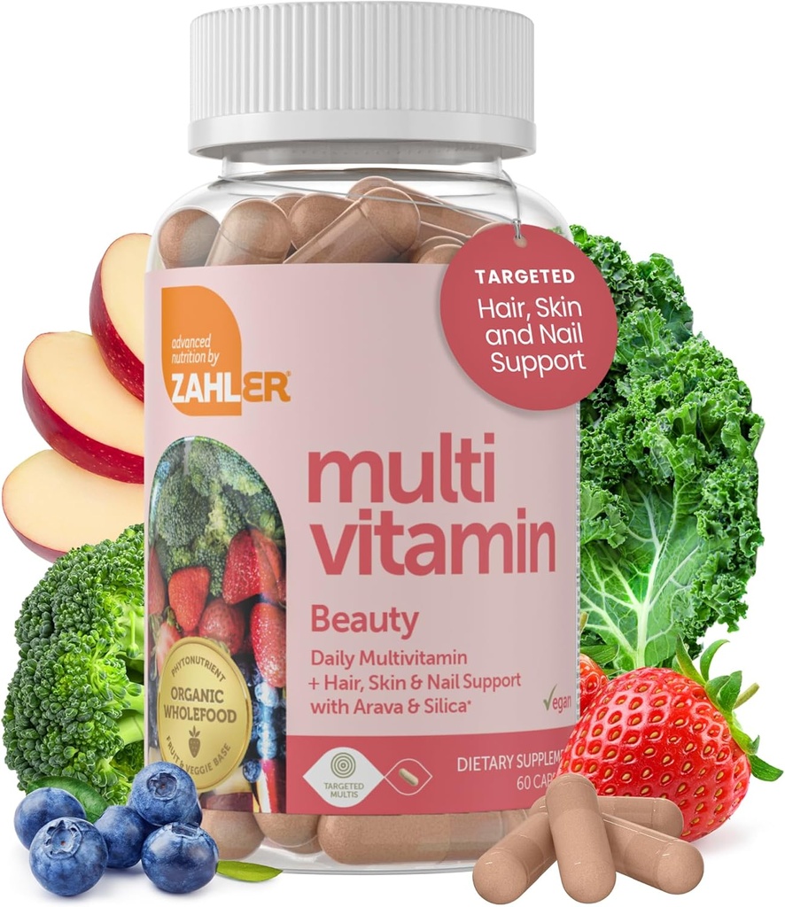 Zahler Multivitamin Beauty, Daily Multivitamin +Skin Hair and Nails Support, for Women and Men with Iron, Certified Kosher, 60 Capsules