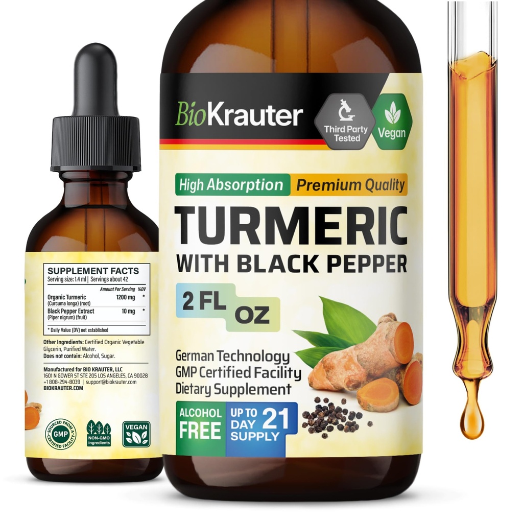 BIO KRAUTER Kurkuma supplement Tinctuur - 1200 mg Kurkuma Curcumine met Black Pepper Extract - Alcohol en Suikervrij - Vegan Drops 2 Fl.Oz.