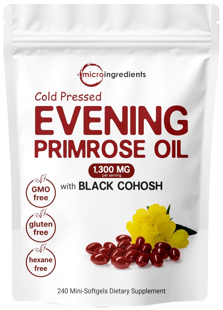 Micro Ingrediënten Avond Primrose Olie 1300mg Per Serving, 240 Softgels Verbeterd met 40mg Black Cohosh Extract, Cold Pressed 10% Actieve GLA, Non-GMO, Geen Gluten, Eenvoudig doorslikken