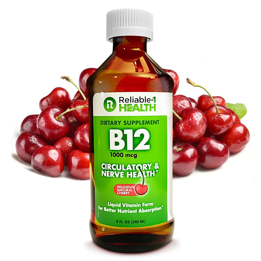 Reliable-1 Laboratories Liquid Vitamin B12 Daily Supplement 1000mcg for Adult Men & Women - Natural Cherry Flavor