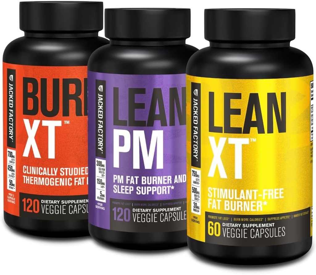 Ge Jacked Factory Burn-XT Klinisch bestudeerd Thermogenic Fat Burner (120 capsules), Lean PM Nighttime Fat Burner en Slaaphulp (120 capsules), Lean-XT Cafeine-Free gewichtsverlies Supplement (60 capsules)