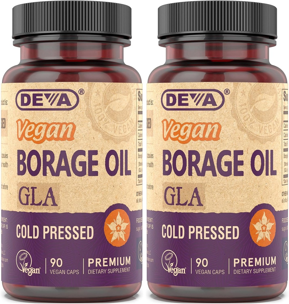 DEVA Vegan Vitamins, Borage Oil 500mg, Bron van Omega-6 Vetzuur GLA (Gamma linoleenzuur), Koudgeperst & Ongeraffineerd, 90 Tabletten (Pack of 2)