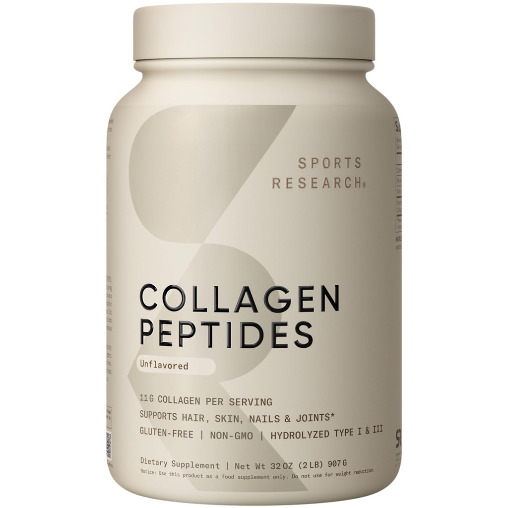 Sports Research Collagen Peptides - Hydrolyzed Type 1 & 3 Collagen Powder Protein Supplement for Healthy Skin, Nails, & Joints - Easy Mixing Vital Nutrients & Proteins, Collagen for Women & Men