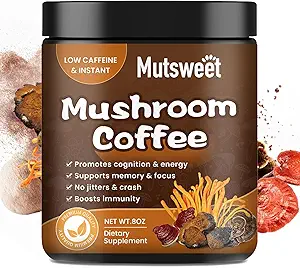 Paddestoelen Koffie, Krachtige 12 in 1 Paddestoelen Poeder met Leeuwen Mane, Turkije staart, Chaga & More, Immune Boosting Instant Arabica Koffie Mix met Cacao, L-Theanine voor Focus, Energie