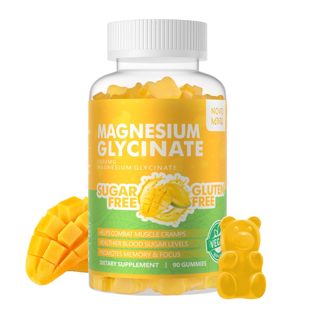 90 CT Magnesium Glycinate Gummies 1000mg - Suikervrij Magnesium Kaliumsupplement met Vitamine D, B6, CoQ10 voor Kalm Mood & Slaap Ondersteuning - 90 Mango Ananas Gummies