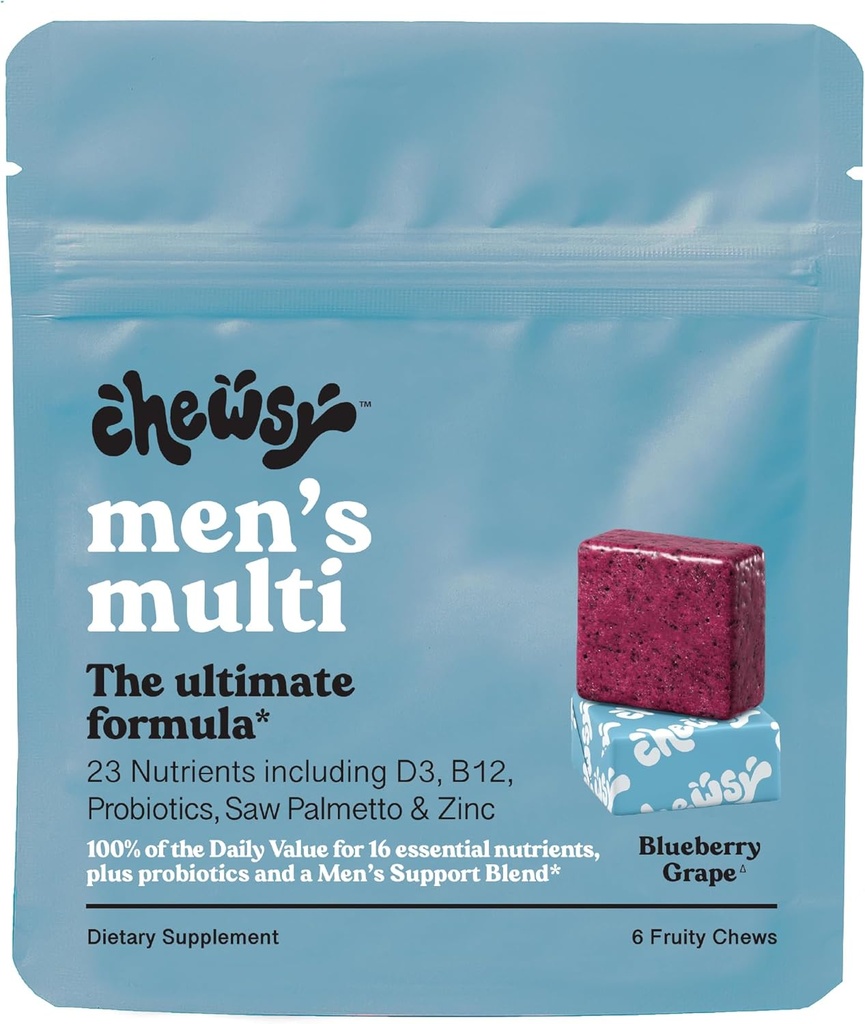 Chewsy - Heren Multivitamine Kauwen - Immune en energie-ondersteuning, vitamine A, B12, C, D3, E, Probiotica, Saw Palmetto, Zink - 6-daagse levering