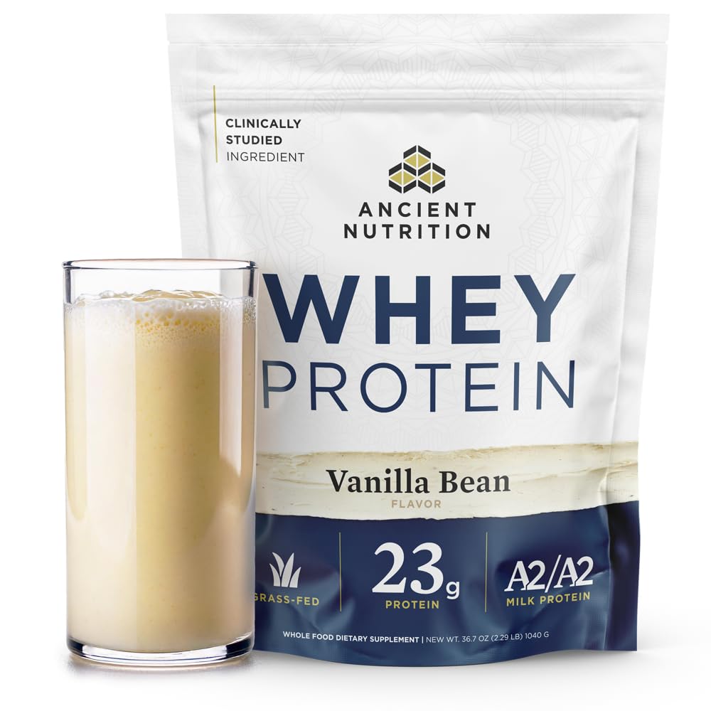 Ancient Nutrition Grass Fed Whey Protein, 23g Proteïne, Gehydrolyseerde Collagen Peptiden, Organic Regenerative A2/A2 Milk Protein (35 Servings, Vanilla Bean)