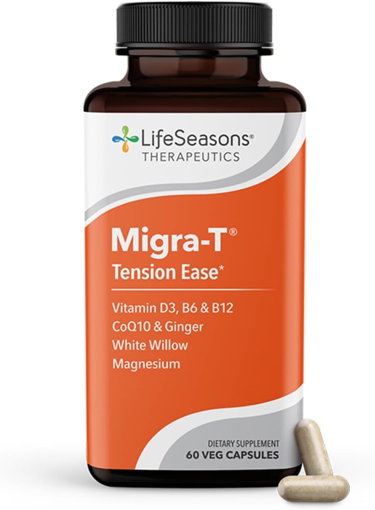 LifeSeasons Migra-T with Relieve-R - Migraine Prevention & Relief Supplement - Ondersteuning voor ernstige hoofdpijn - Vermindert lichtgeluid & Odor Gevoeligheid - Koorts, witte wilg, Magnesium Gember & CoQ10