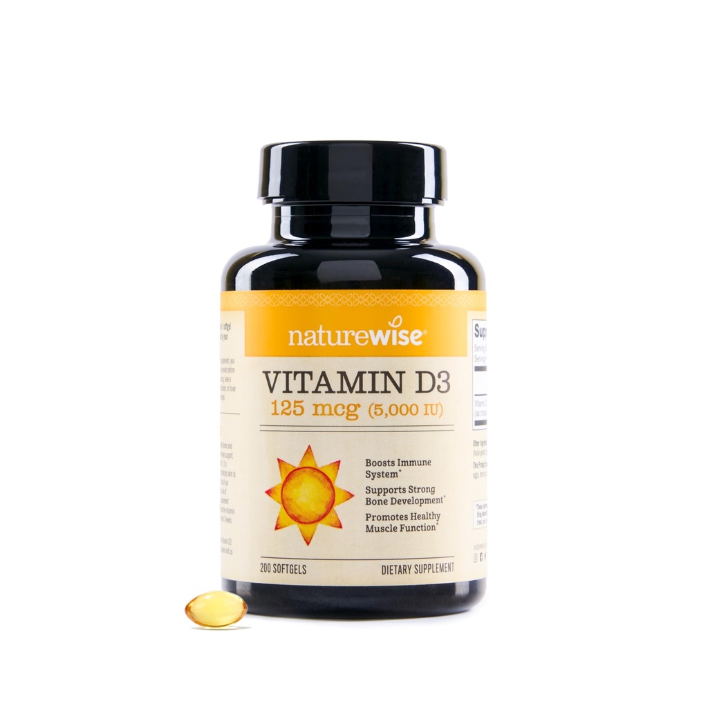 NatureWise Vitamin D3 5000iu (125 mcg) 200-Dag Supply for Immune Support, Healthy Muscle Function, and Bone Health - Non-GMO, Glutenvrij in biologische Extra Virgin Olive Oil, (Mini Softgel), 200 Tel.