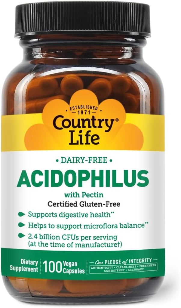 Country Life Acidophilus Probiotic Supplement for Women & Men - Free from Common Allergens - 2,4 miljard CFUs to Support Digestive Health - Dairy-Free, Non-GMO, 100 Vegan Capsules