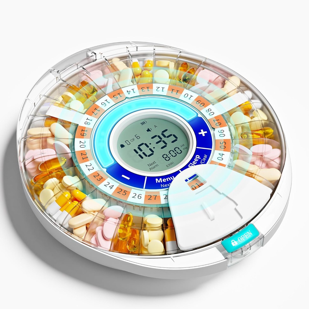 Opgewaardeerde automatische pildispenser voor ouderen met alarm: Smart Pill dispenser Machine met 28-slot, Mix-Proof Tech & XL LCD, verbeterde duurzaamheid voor dagelijkse geneeskunde beheer