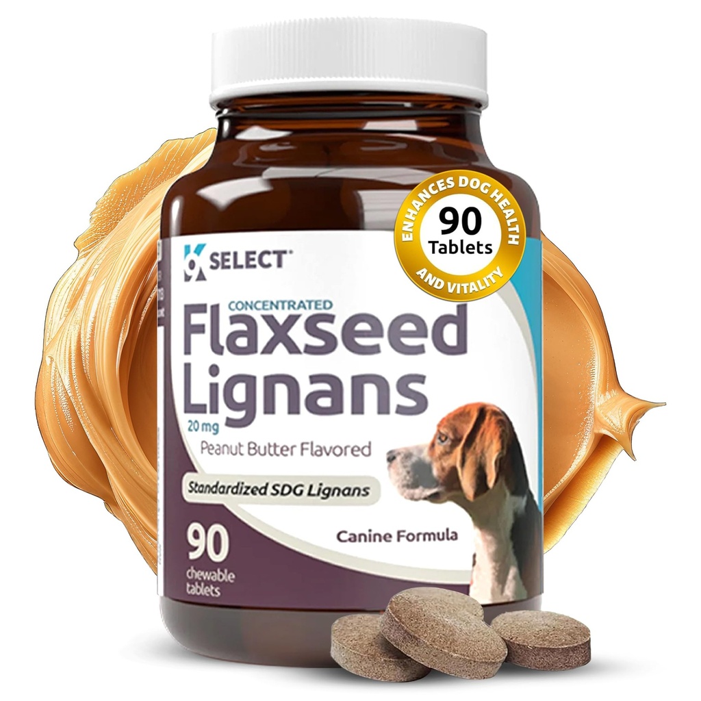 K9 Select Concentrated Flaxseed Lignans for Dogs, 20mg 90 Tablets, Peanut Butter Flavored Chewable, Impove Coat