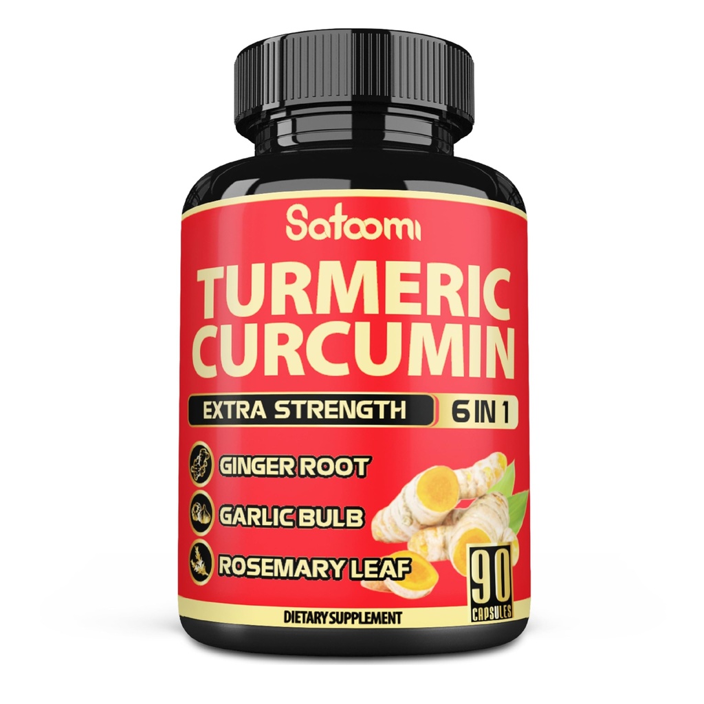 Satoomi 6in1 Kurkuma Curcumin supplement - 3 maanden aanbod - 95% Curcuminoïden met gemberwortel, knoflookbollen, rozemarijn en zwarte peper - 90 capsules