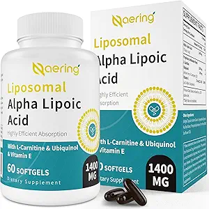 Liposomal Alpha Lipoïnezuur 1400 mg Softgels, ALA Supplement met L-Carnitine 1000mg, Ubichinol (Active CoQ10) 100mg en vitamine E 10mg, Alfa-Lipoïnezuur voor antioxidanten, Zenuw,Energie 180 Softgels