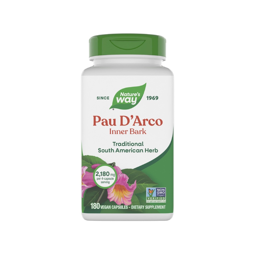 Nature's Way Pau d'Arco Inner Bark, Traditional South American Herb, 2.180 mg per 4-Capsule Serving, Non-GMO Project Verified, 180 Capsules (Packaging May Vary)