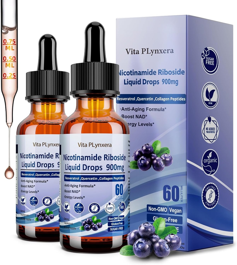 2 verpakkingen NAD-supplementen voor vrouwen en mannen, NAD Nicotinamide Riboside Resveratrol 900 mg & Quercetin, Niacin, Collageen, Biotin, Liquid NAD Plus Supplement NR900 Voor Anti-Aging Skin Energy Longevity Focus