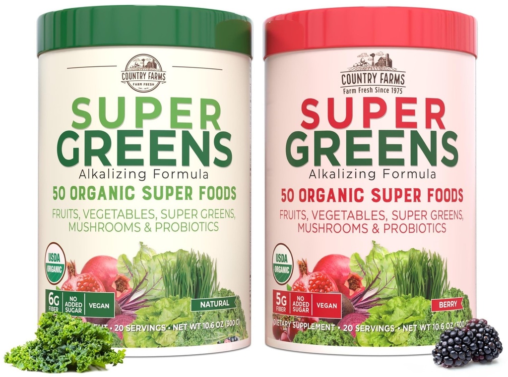 Country Farms Super Greens Power Pack, 50 Organic Super Foods, Greens Powder with Probiotics for Gut Health & Bloating Relief, Supports Energy, Unflavored & Berry, 40 Serving