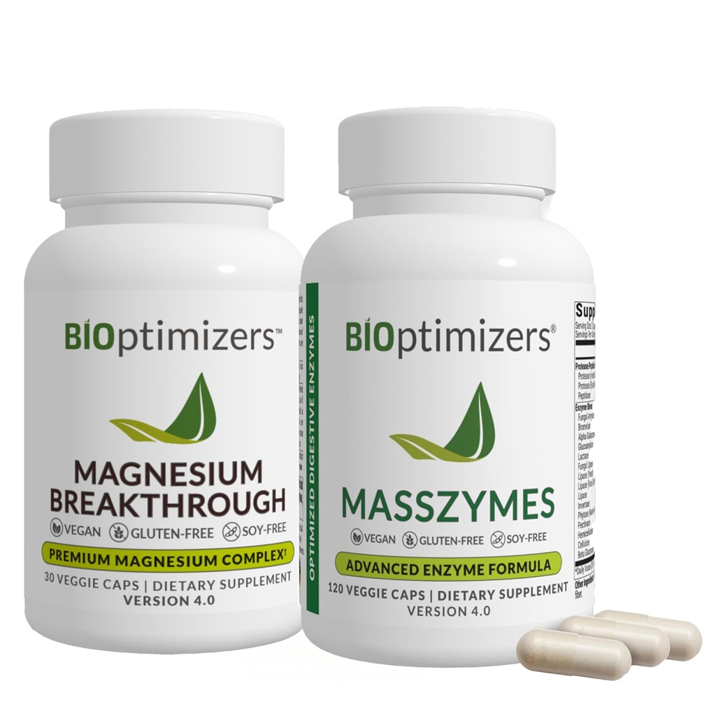 BiOptimizers Magnesium Doorbraak 4,0, (30 capsules) & MassZymes 4,0, (120 capsules) - Natuurlijke Slaap, Hersenen, en Digestieve Gezondheidsondersteuning Supplement Bundle
