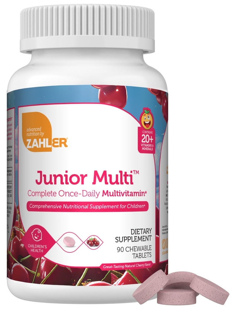 Zahler Kids Multivitamine Kauwbare Vitamine Tablet - Complete One Daily Vitaminen Supplement - Bevat 20+ Mineralen & vitamines voor kinderen & peuters - Kosher Multivitaminen Cherry Flavor (90)