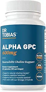 Dr. Tobias Alpha GPC 600mg per portie - Bio available Choline Supplementen voor hersenen, geheugen en focus - Premium Nootrope Alpha GPC Choline Supplement, Vegan, Non-GMO, 60 capsules, 30 porties