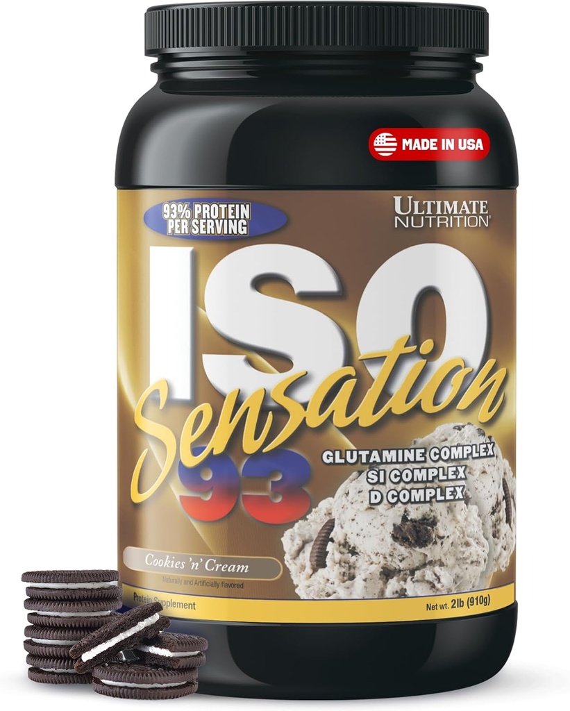 Ultimate Nutrition Wei Protein Isolaat Poeder met Glutamine Complex, ISO Sensation 93 - Wei Proteïne Poeder met Toegevoegd Colostrum voor verbeterd herstel, Immuniteit & Gut Health - Cookies N Cream, 2lbs