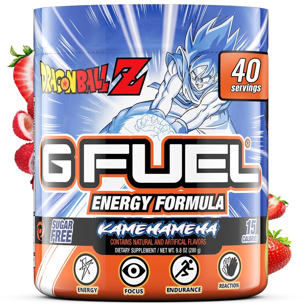 G Fuel Dragon Ball Z Energy Drink Powder, Pre Workout Cafeine Mix voor Gaming, Suikervrije Focus Amino, Vitamine + Antioxidanten, 9,8oz (Strawberry Lychee, 40 Servers)