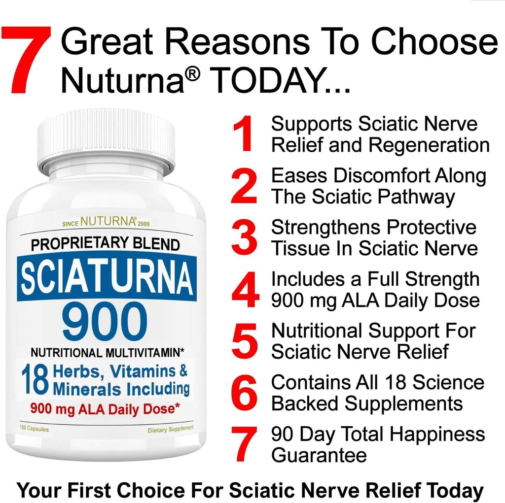 Sciatic Nerve Support Formule met 900 mg Alpha Lipoïnezuur - 18 in 1 Scicatica Zenuwsupplement voor Onderrug, Hip, Lumbar, Been, Voet Turmeric Curcumin - 180 pillen Made in The USA