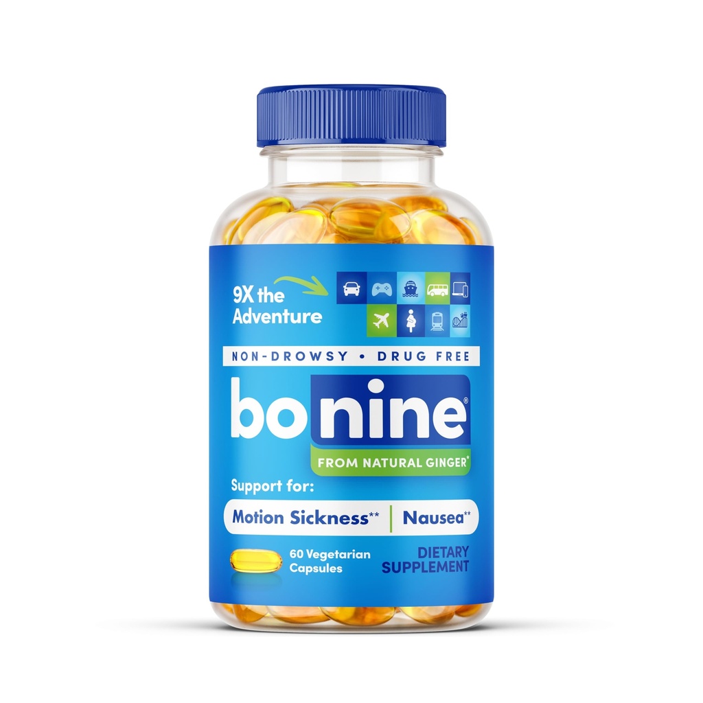 Bonine Ginger Root Extract Liquid Capsules - Non-Drowsy Motion Sickness Relief - 40 mg Gembersupplement voor ochtendziekte en misselijkheid Relief - Cruise Ship Essentials - 60 capsules
