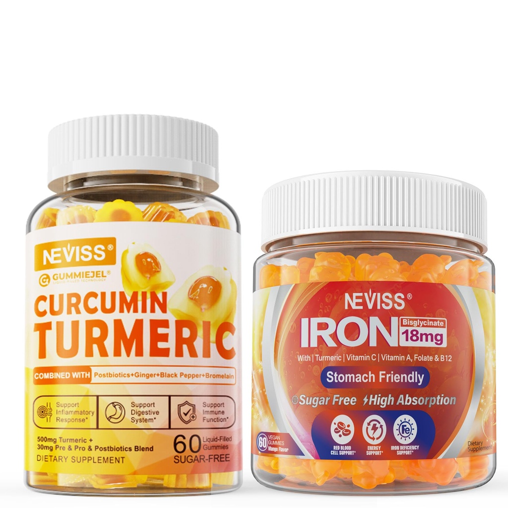 Suikervrij Kurkuma Curcumin Gevulde Gummies 550mg voor volwassenen,Veganische Iron Gummies supplement met vitamine C
